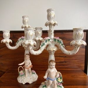 CANDELABRA'S DRESDNER ART GERMANY (2) 4 ARM W/ CHERUBS & FLOWERS 14" - Picture